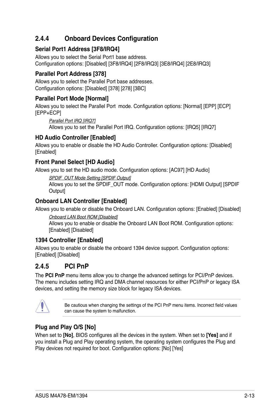 4 onboard devices configuration, 5 pci pnp, Onboard devices configuration -13 | Pci pnp -13 | Asus M4A78-EM/1394 User Manual | Page 55 / 62