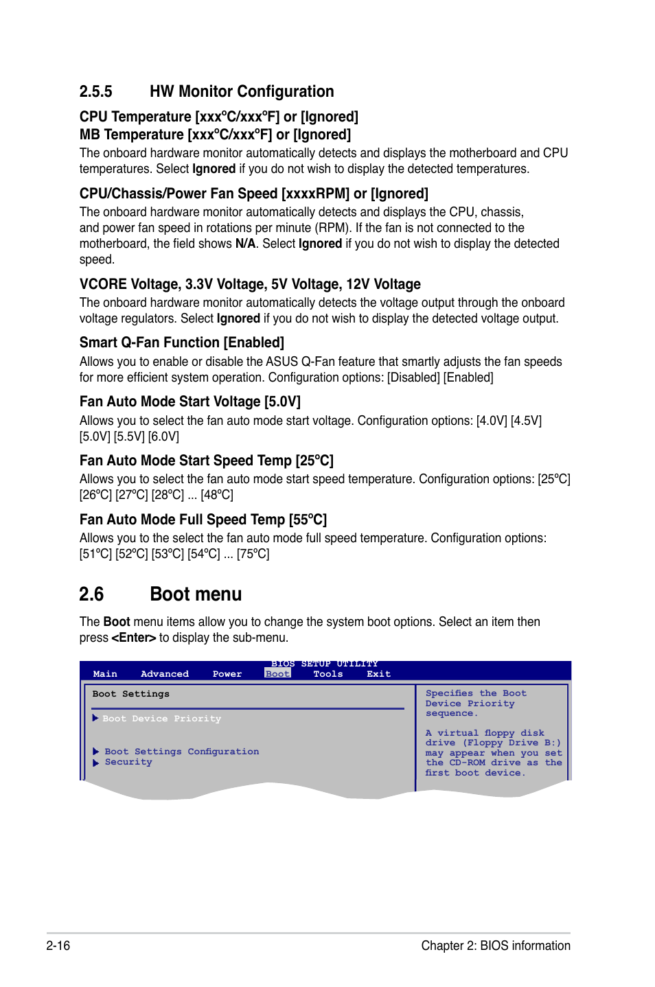 5 hw monitor configuration, 6 boot menu, Hw monitor configuration -16 | Boot menu -16 | Asus M4A78-EM/1394 User Manual | Page 58 / 62