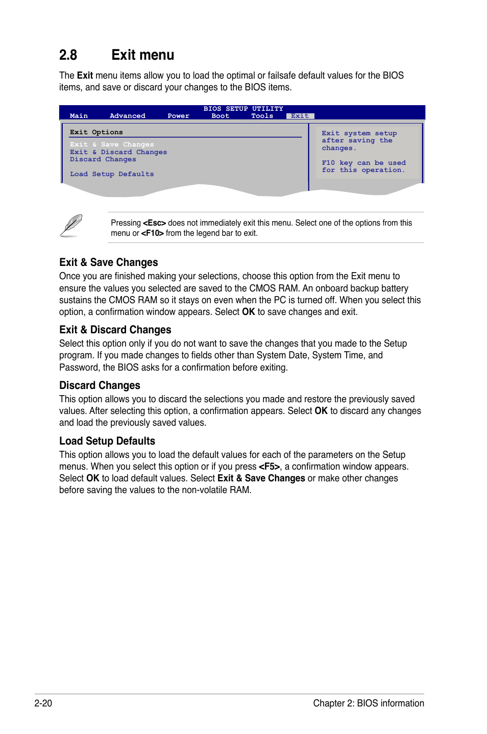 8 exit menu, Exit menu -20, Exit & save changes | Exit & discard changes, Discard changes, Load setup defaults | Asus M4A78-EM/1394 User Manual | Page 62 / 62