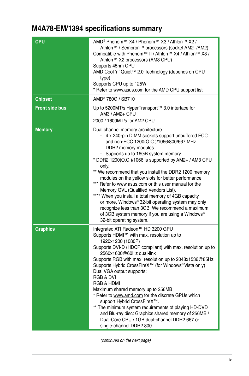M4a78-em/1394 specifications summary | Asus M4A78-EM/1394 User Manual | Page 9 / 62