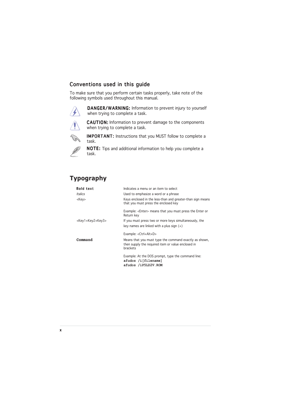 Typography, Conventions used in this guide | Asus P5LD2-V User Manual | Page 10 / 144