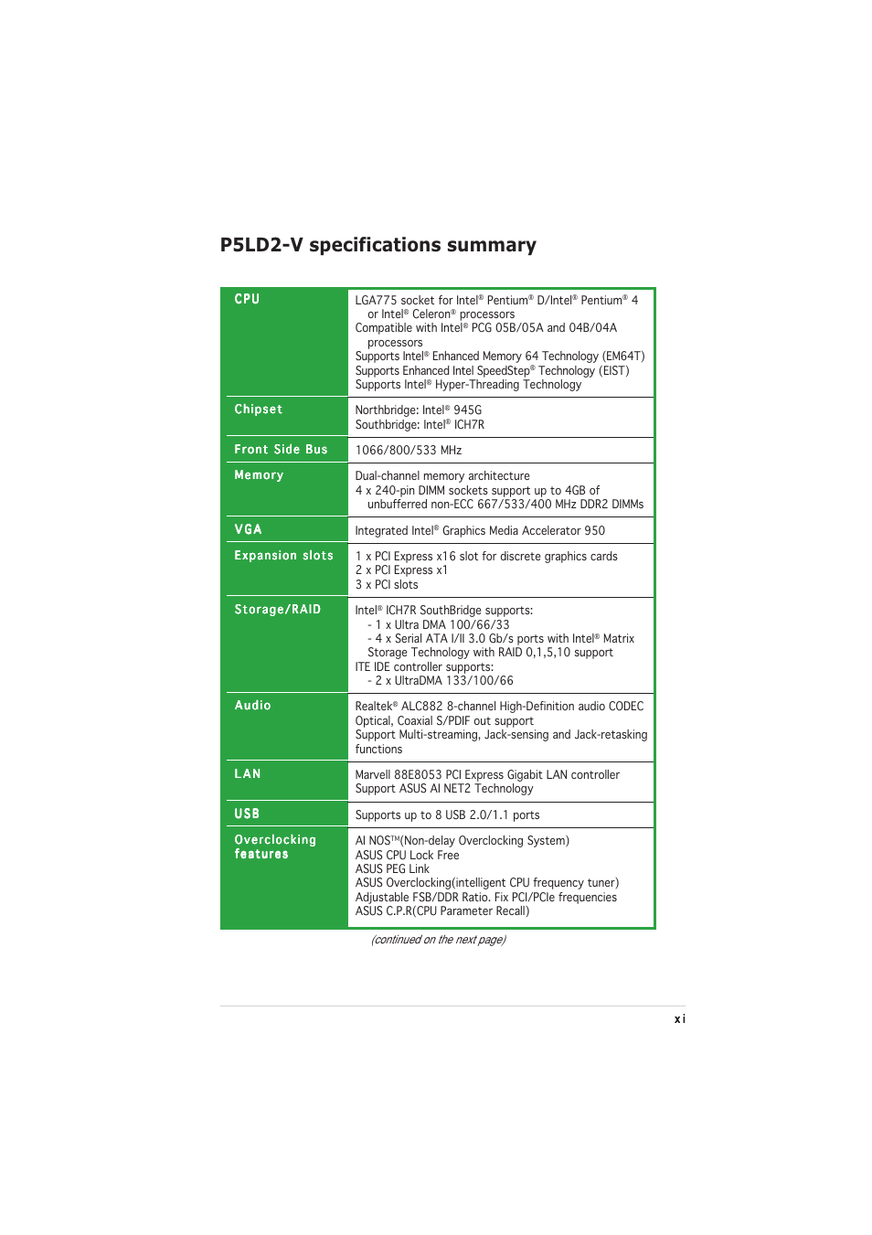 P5ld2-v specifications summary | Asus P5LD2-V User Manual | Page 11 / 144