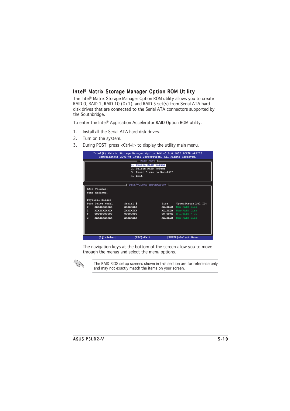 Intel, Matrix storage manager option rom utility | Asus P5LD2-V User Manual | Page 127 / 144