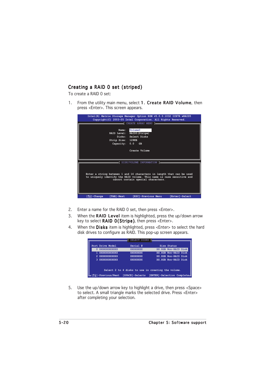 Creating a raid 0 set (striped) | Asus P5LD2-V User Manual | Page 128 / 144