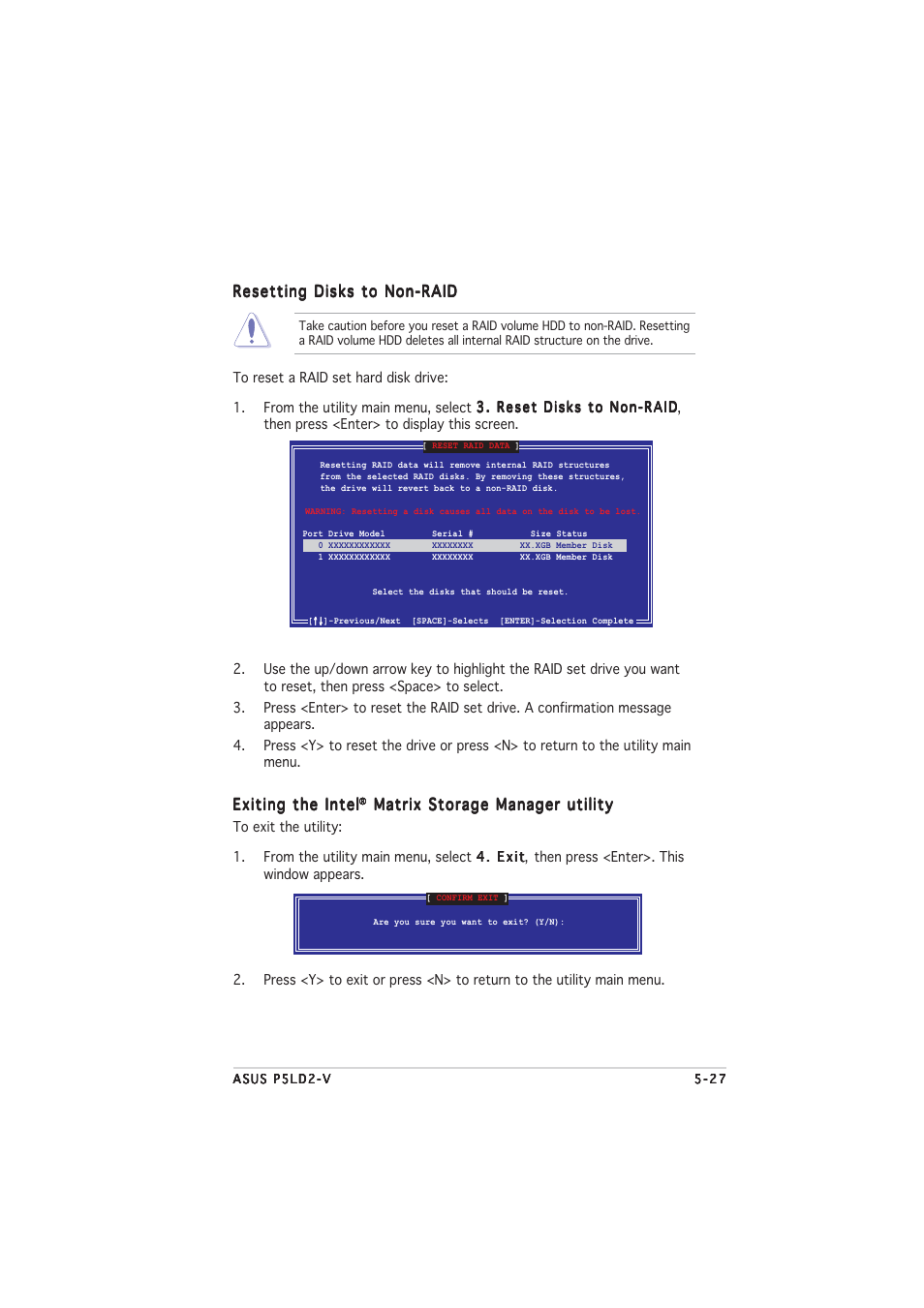 Exiting the intel, Matrix storage manager utility, Resetting disks to non-raid | Asus P5LD2-V User Manual | Page 135 / 144