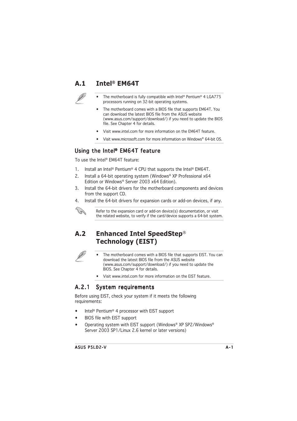 A.1 intel, Em64t, A.2 enhanced intel speedstep | Technology (eist), Using the intel, Em64t feature, A.2.1 | Asus P5LD2-V User Manual | Page 141 / 144