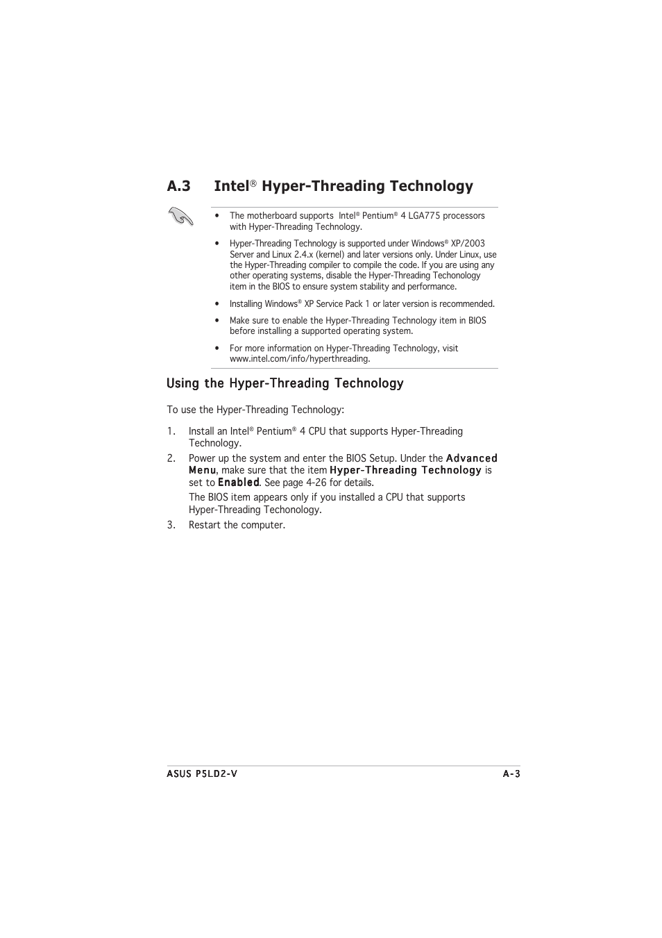 A.3 intel, Hyper-threading technology, Using the hyper-threading technology | Asus P5LD2-V User Manual | Page 143 / 144