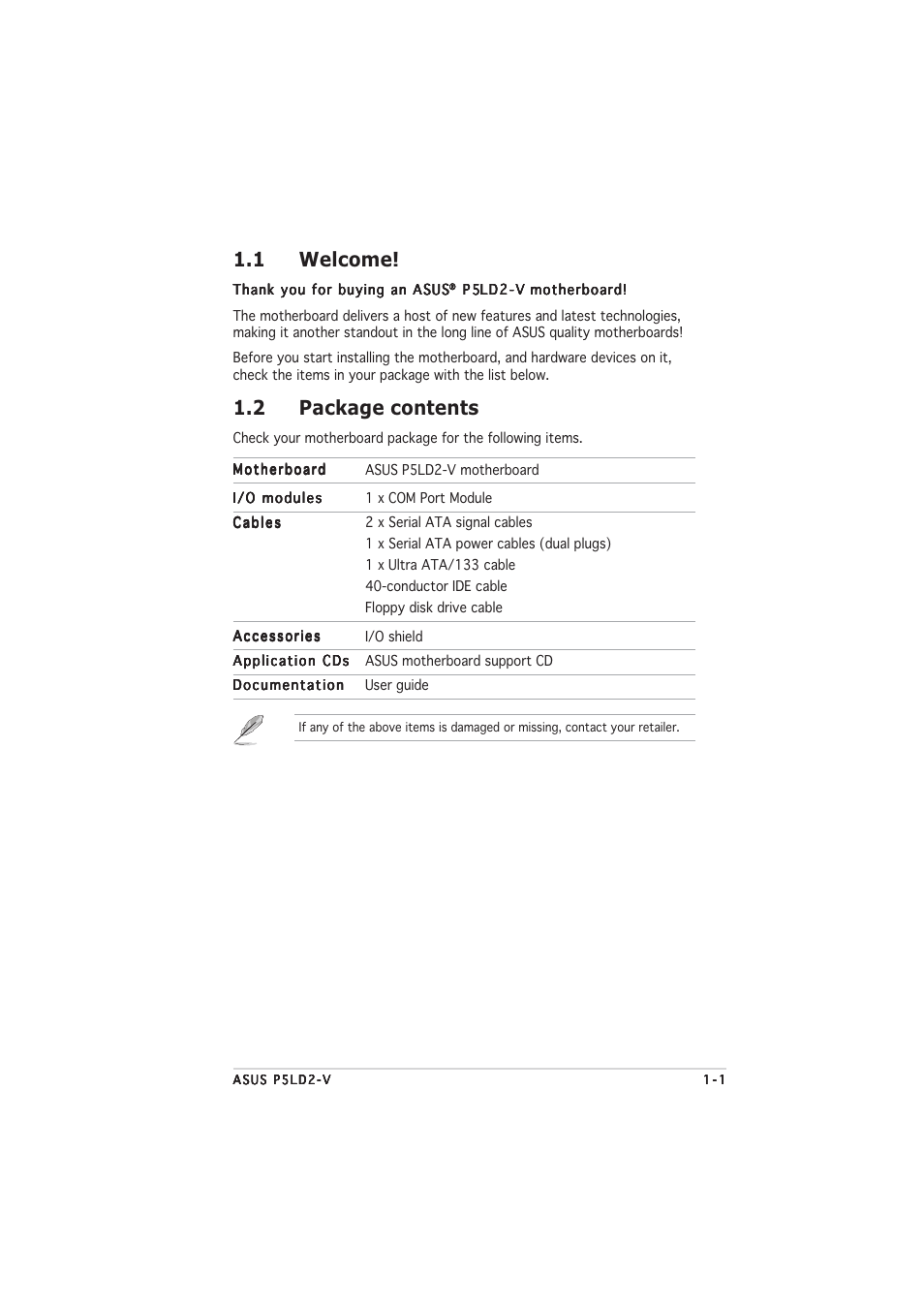 1 welcome, 2 package contents | Asus P5LD2-V User Manual | Page 17 / 144