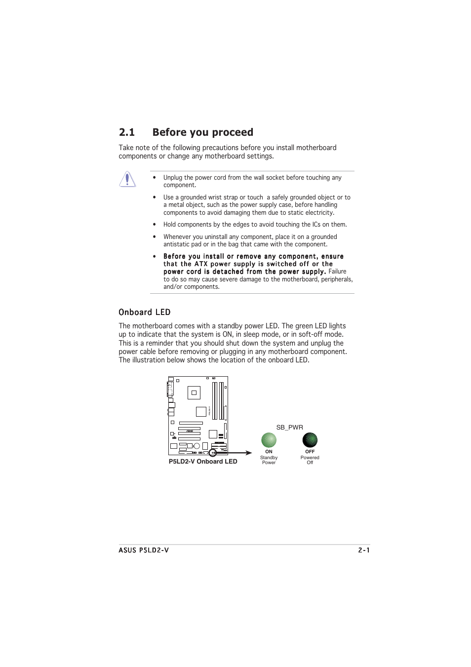 1 before you proceed, Onboard led | Asus P5LD2-V User Manual | Page 25 / 144