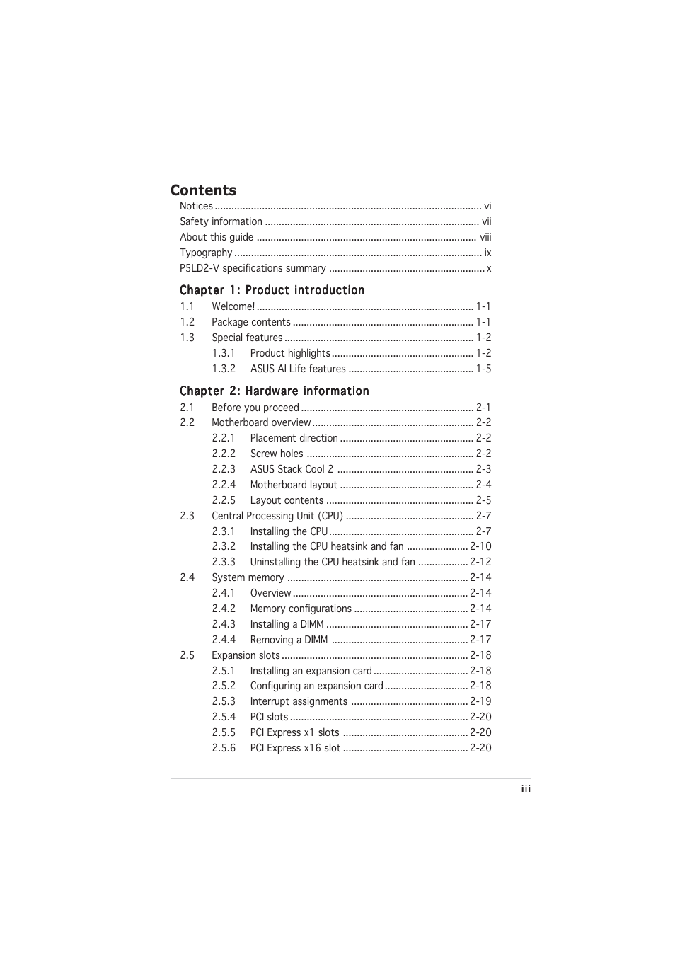 Asus P5LD2-V User Manual | Page 3 / 144