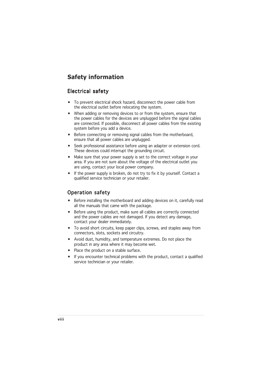 Safety information | Asus P5LD2-V User Manual | Page 8 / 144