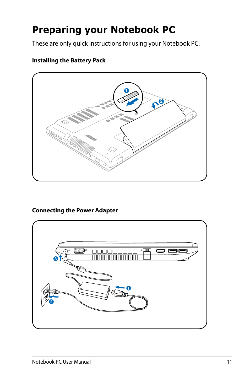 Preparing your notebook pc | Asus R401JV User Manual | Page 11 / 118