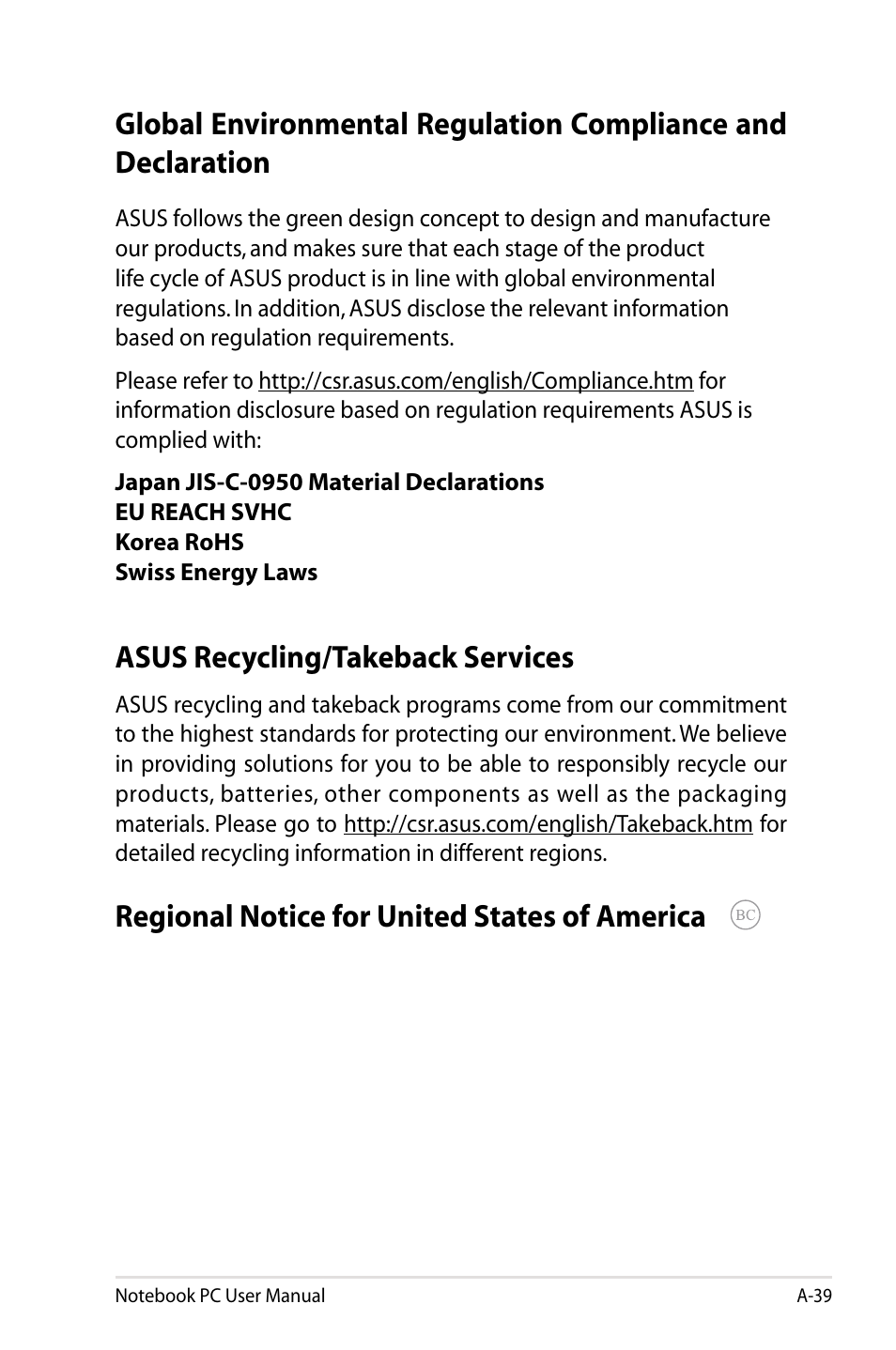 Asus recycling/takeback services, Regional notice for united states of america | Asus R401JV User Manual | Page 115 / 118