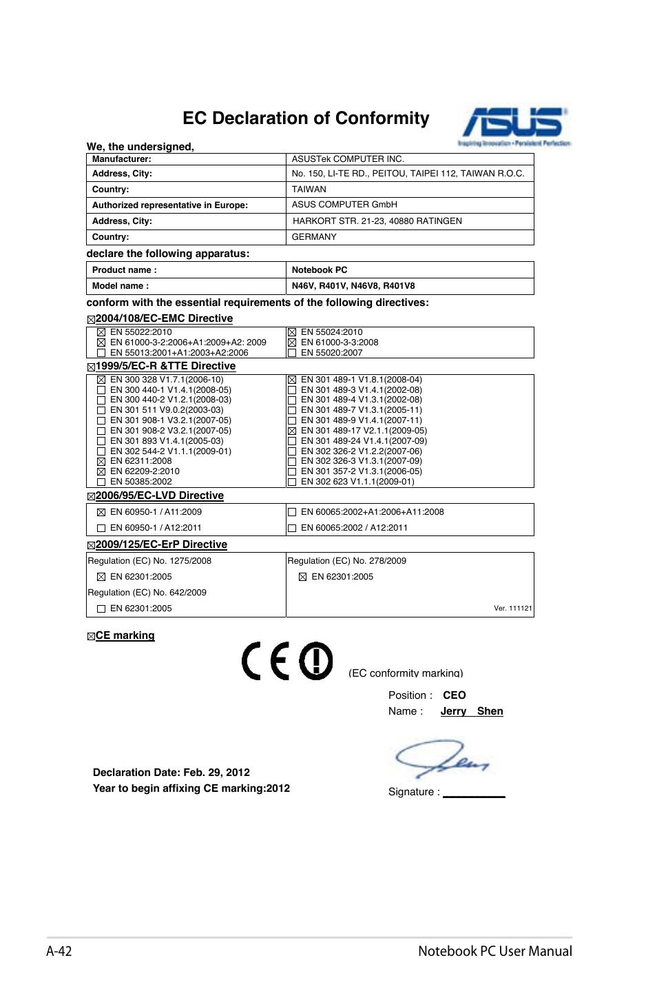 Ec declaration of conformity | Asus R401JV User Manual | Page 118 / 118