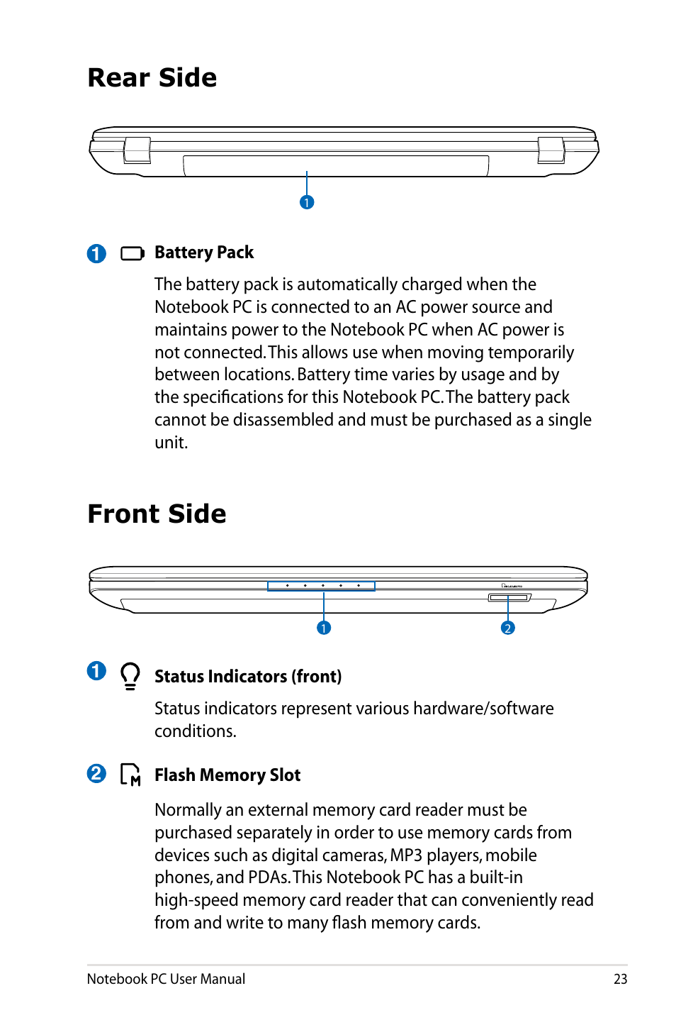 Rear side, Front side, Rear side front side | Asus R401JV User Manual | Page 23 / 118