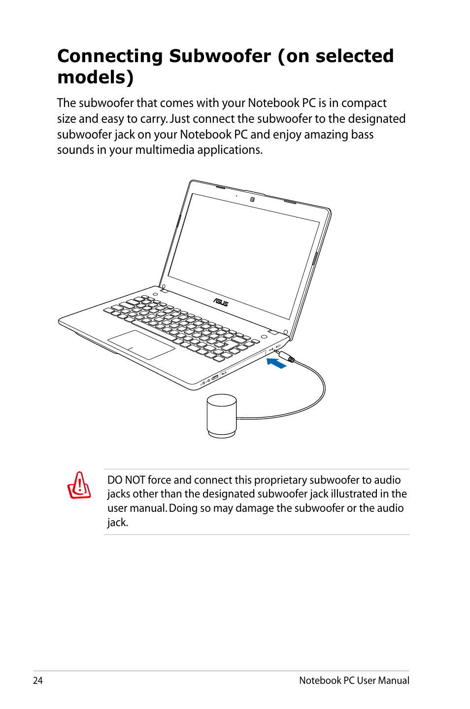 Connecting subwoofer (on selected models) | Asus R401JV User Manual | Page 24 / 118