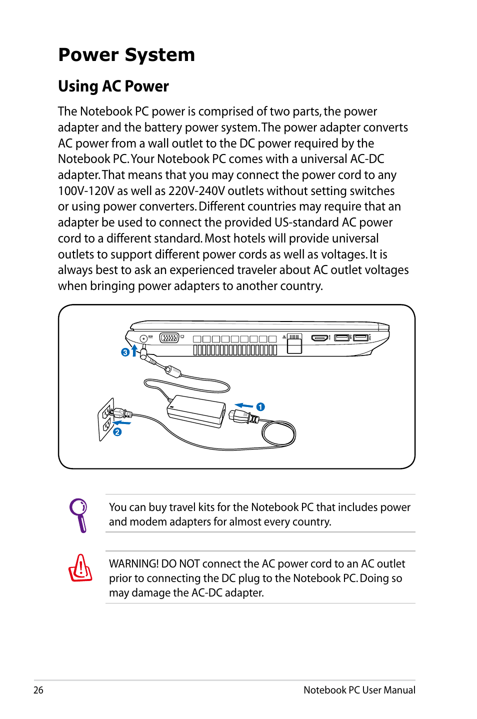 Power system, Using ac power | Asus R401JV User Manual | Page 26 / 118