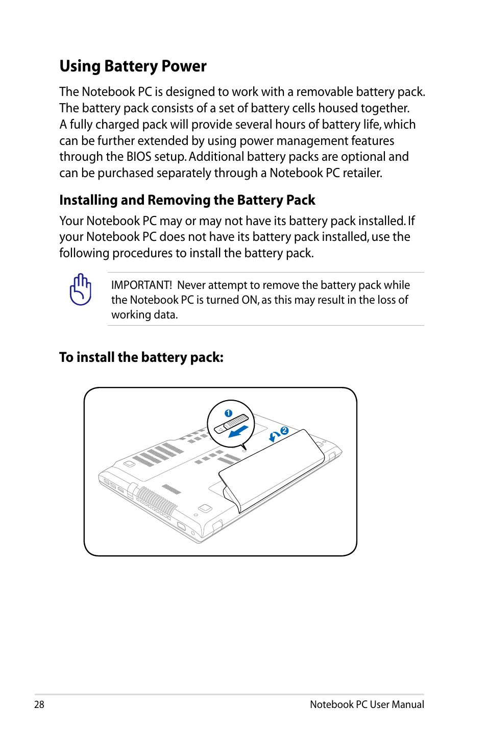 Using battery power, Installing and removing the battery pack | Asus R401JV User Manual | Page 28 / 118