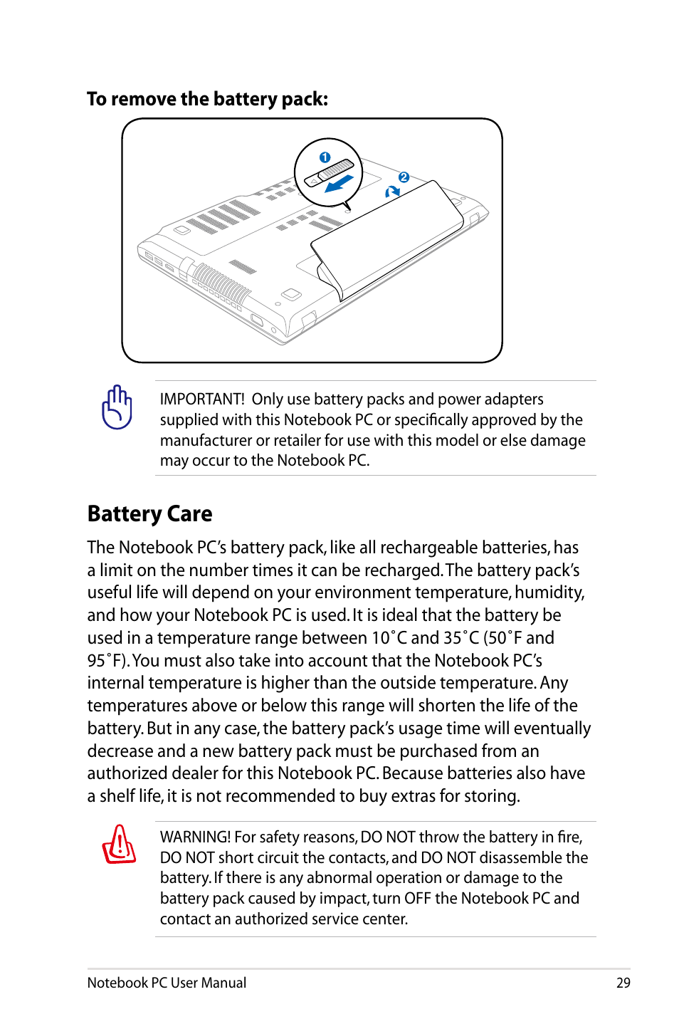 Battery care | Asus R401JV User Manual | Page 29 / 118