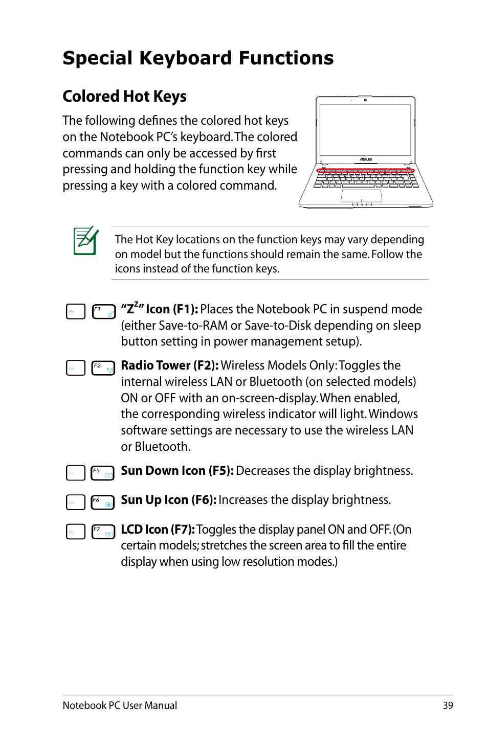 Special keyboard functions, Colored hot keys | Asus R401JV User Manual | Page 39 / 118