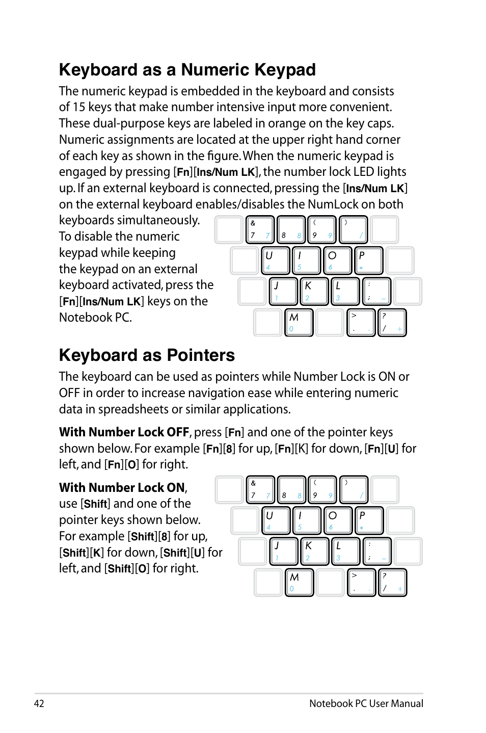 Keyboard as a numeric keypad, Keyboard as pointers | Asus R401JV User Manual | Page 42 / 118