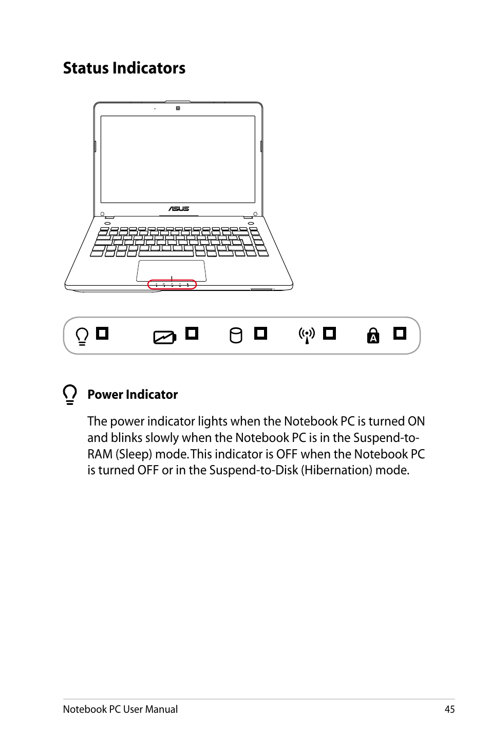 Status indicators | Asus R401JV User Manual | Page 45 / 118