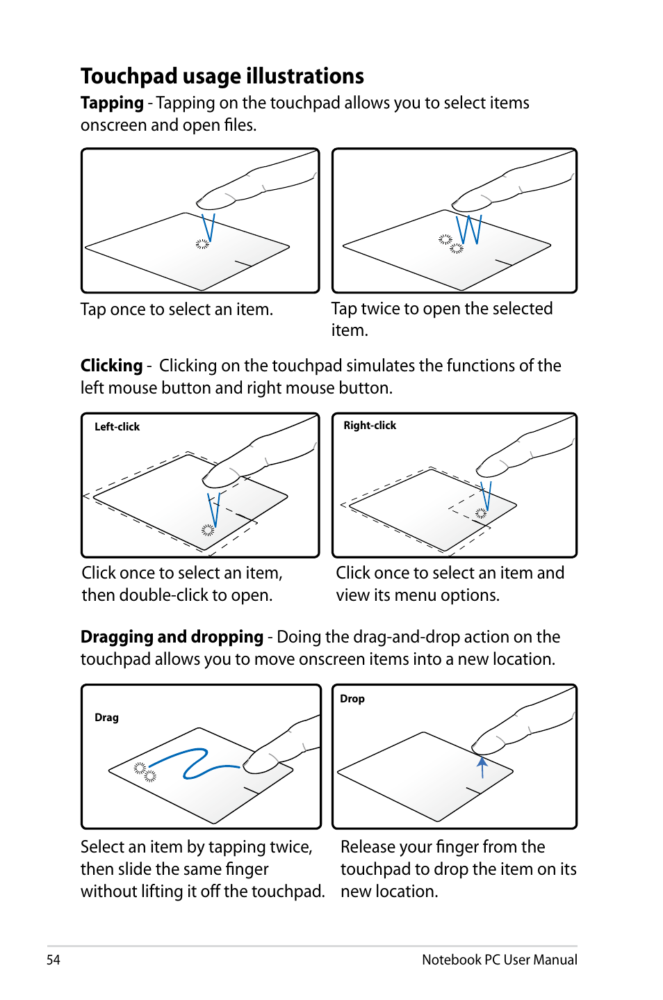 Touchpad usage illustrations | Asus R401JV User Manual | Page 54 / 118