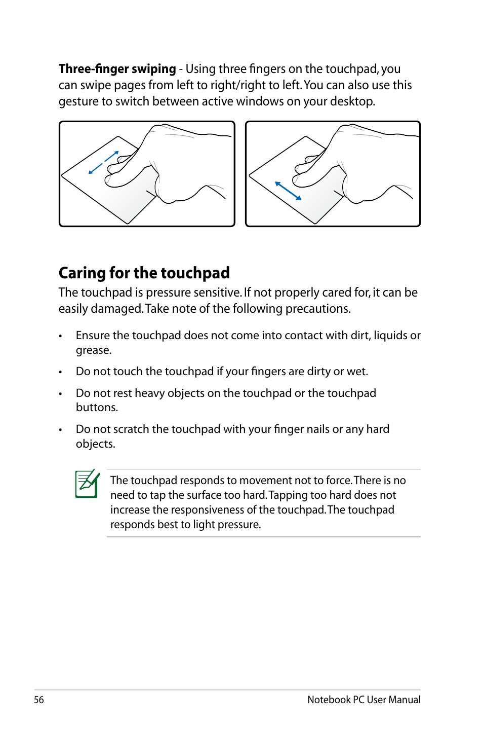 Caring for the touchpad | Asus R401JV User Manual | Page 56 / 118