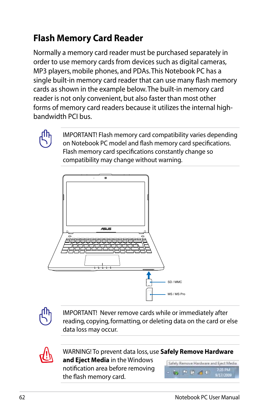 Flash memory card reader | Asus R401JV User Manual | Page 62 / 118