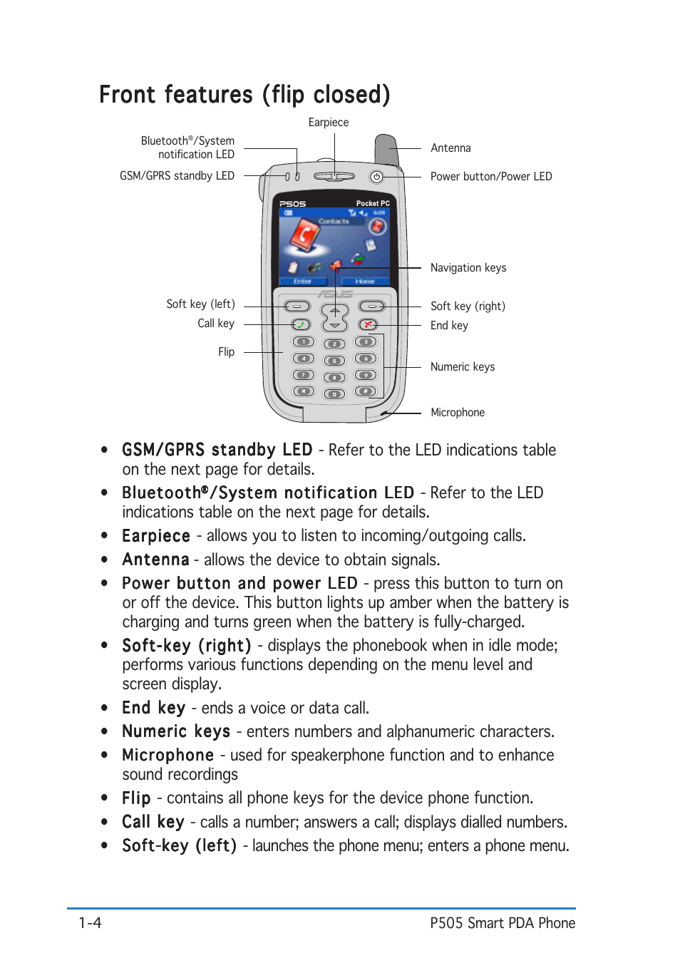 Front features (flip closed) | Asus P505 User Manual | Page 10 / 326