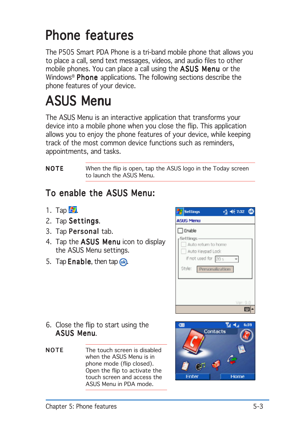 Phone features, Asus menu | Asus P505 User Manual | Page 103 / 326