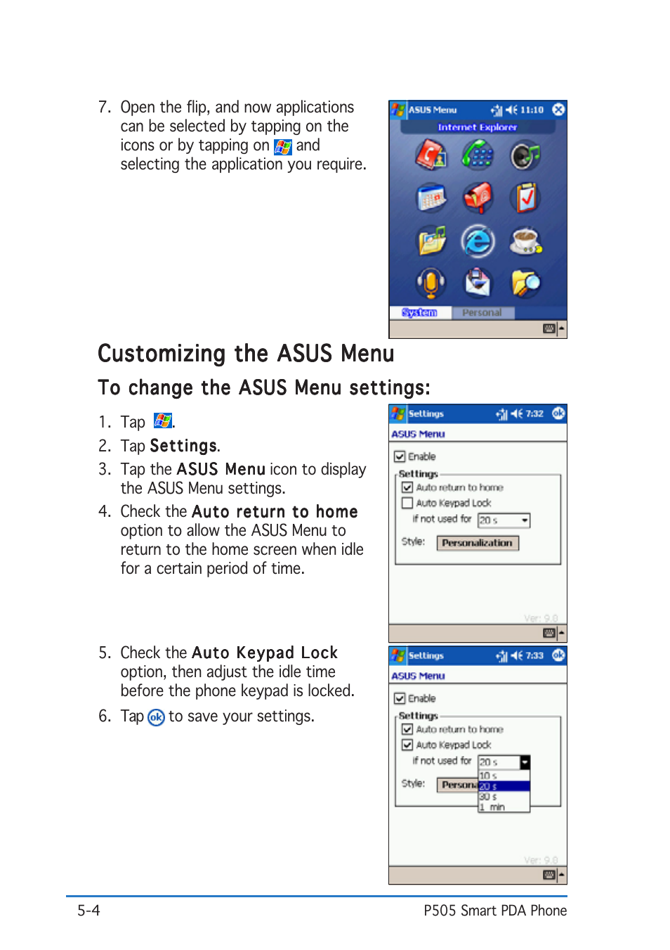 Customizing the asus menu | Asus P505 User Manual | Page 104 / 326