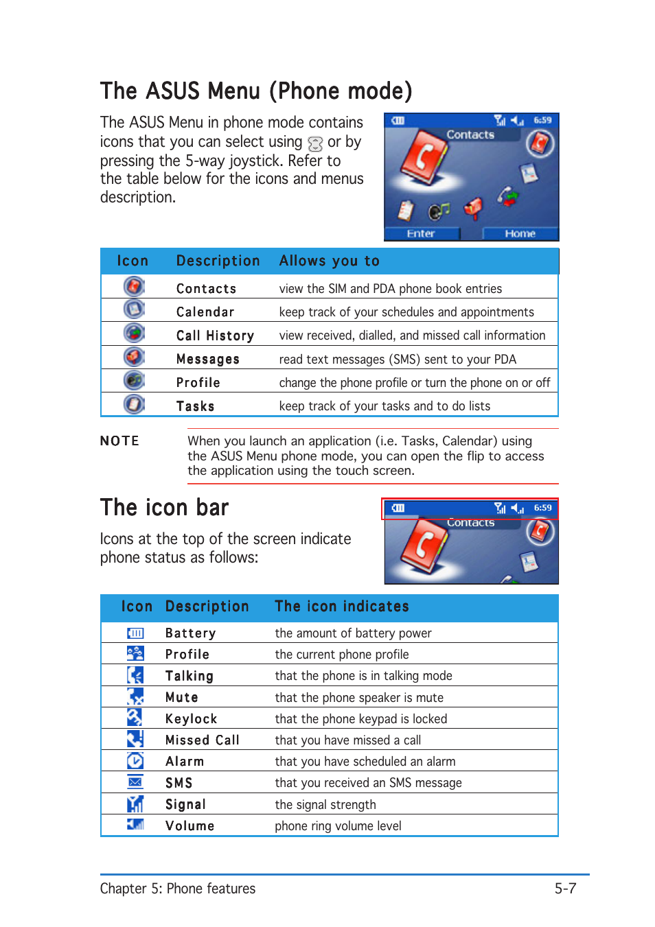 The asus menu (phone mode), The icon bar | Asus P505 User Manual | Page 107 / 326