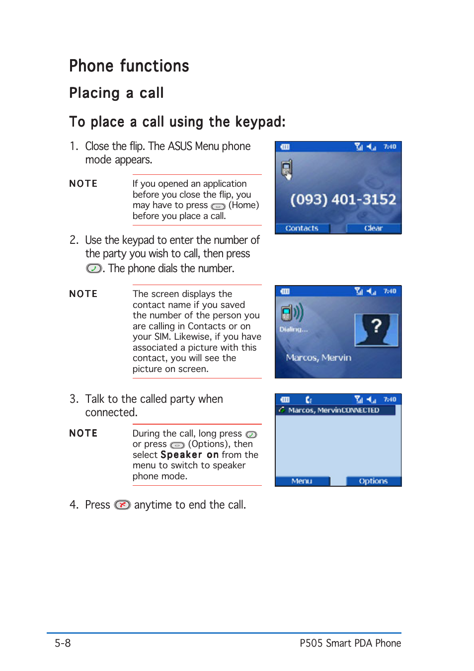 Phone functions, Placing a call | Asus P505 User Manual | Page 108 / 326