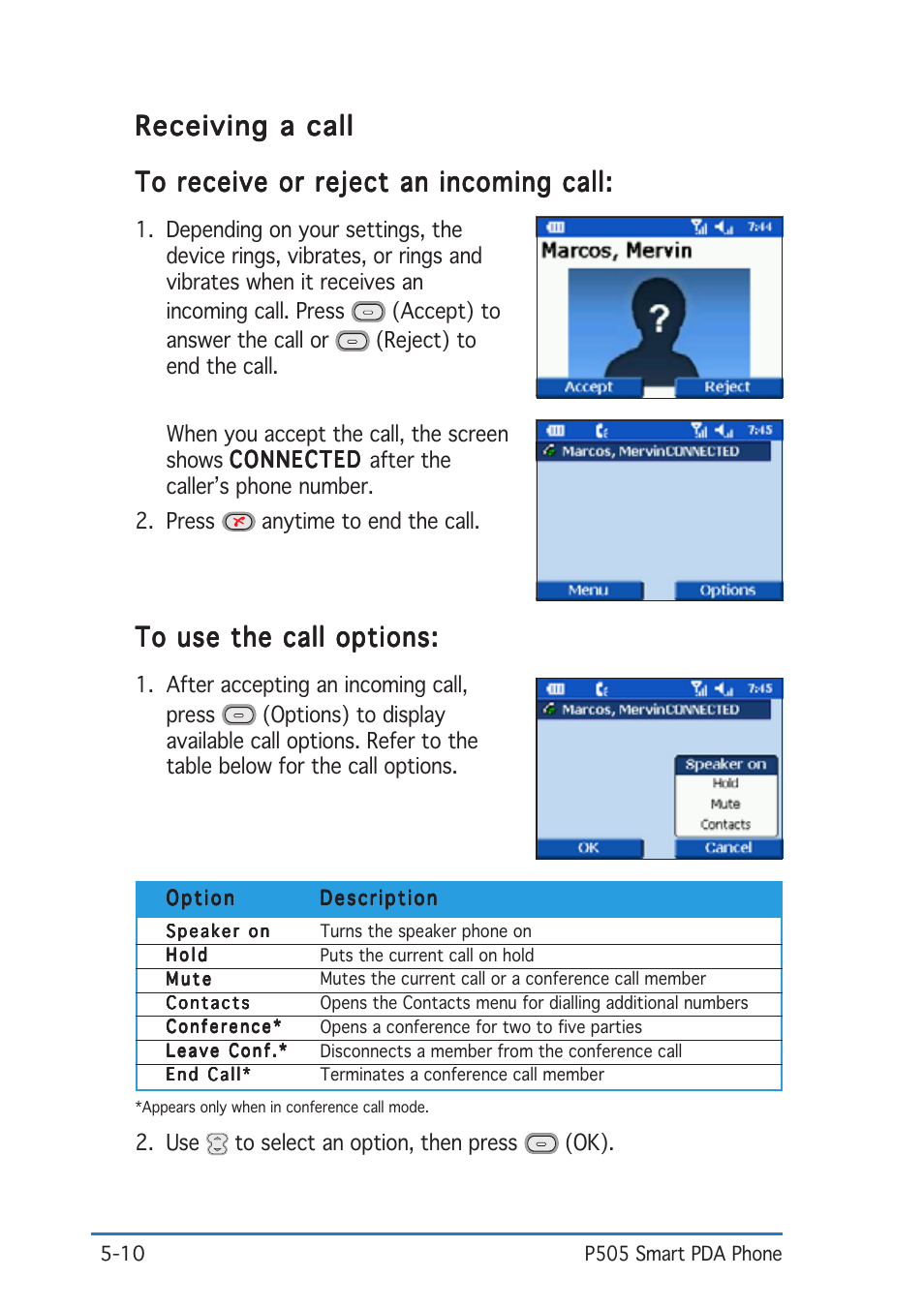 Receiving a call | Asus P505 User Manual | Page 110 / 326