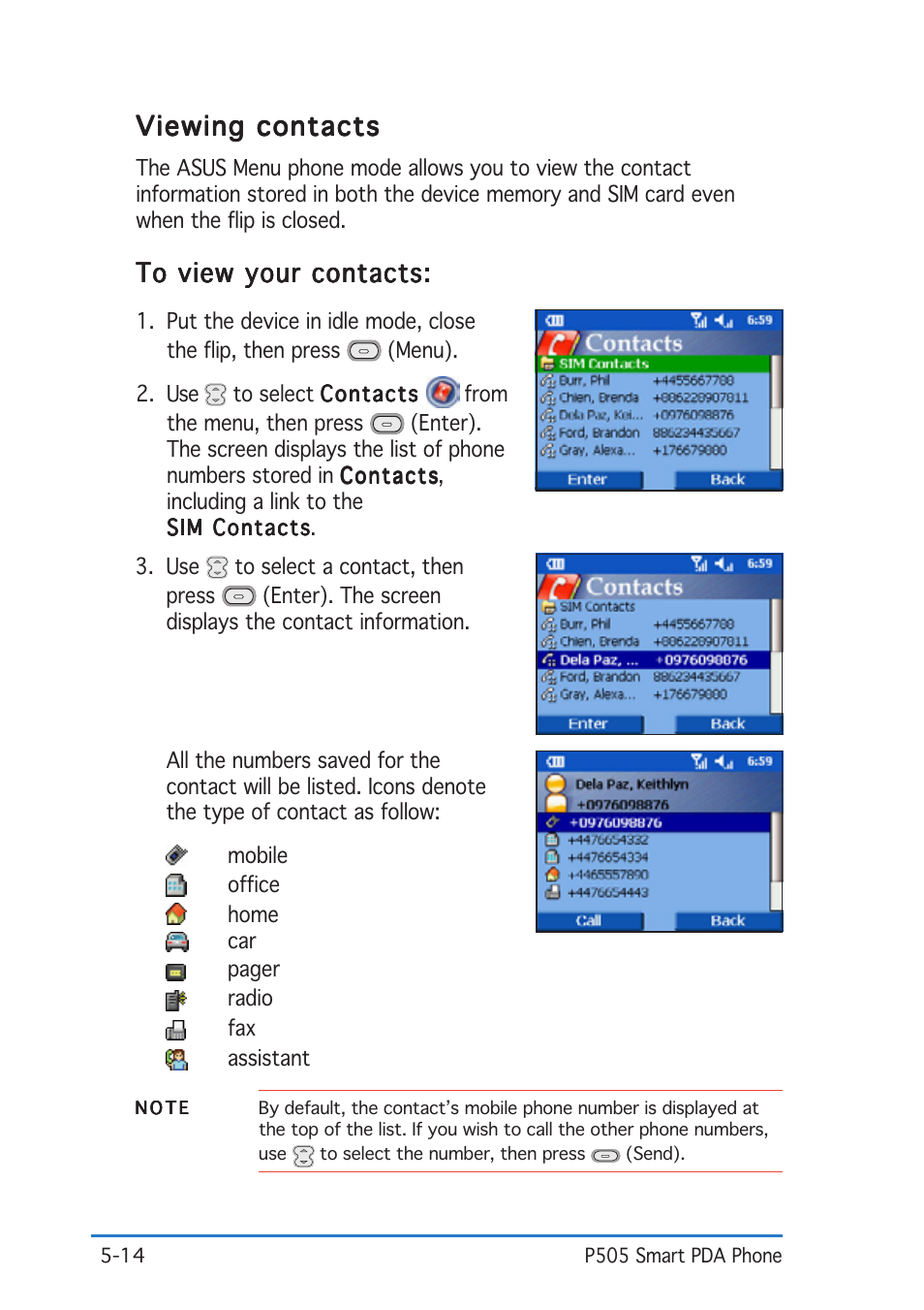 Viewing contacts | Asus P505 User Manual | Page 114 / 326