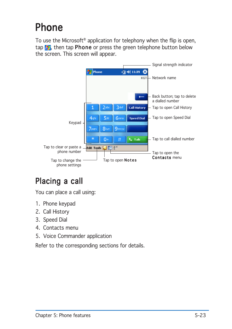 Phone, Placing a call | Asus P505 User Manual | Page 123 / 326