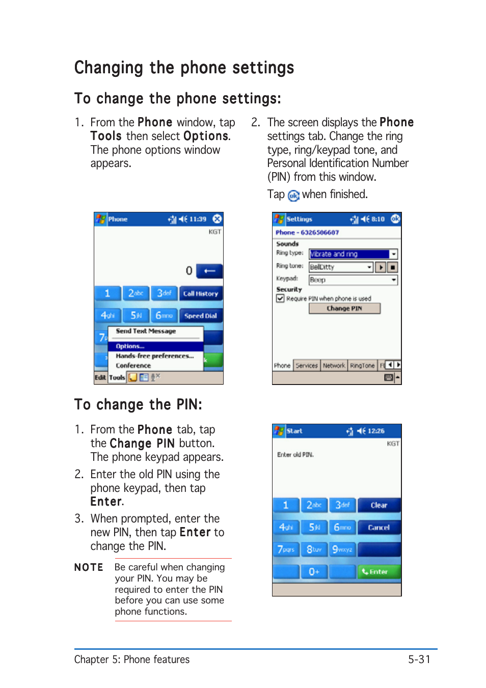 Changing the phone settings | Asus P505 User Manual | Page 131 / 326