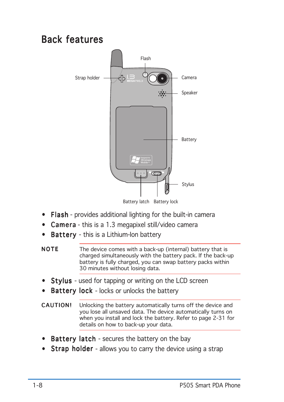 Back features | Asus P505 User Manual | Page 14 / 326