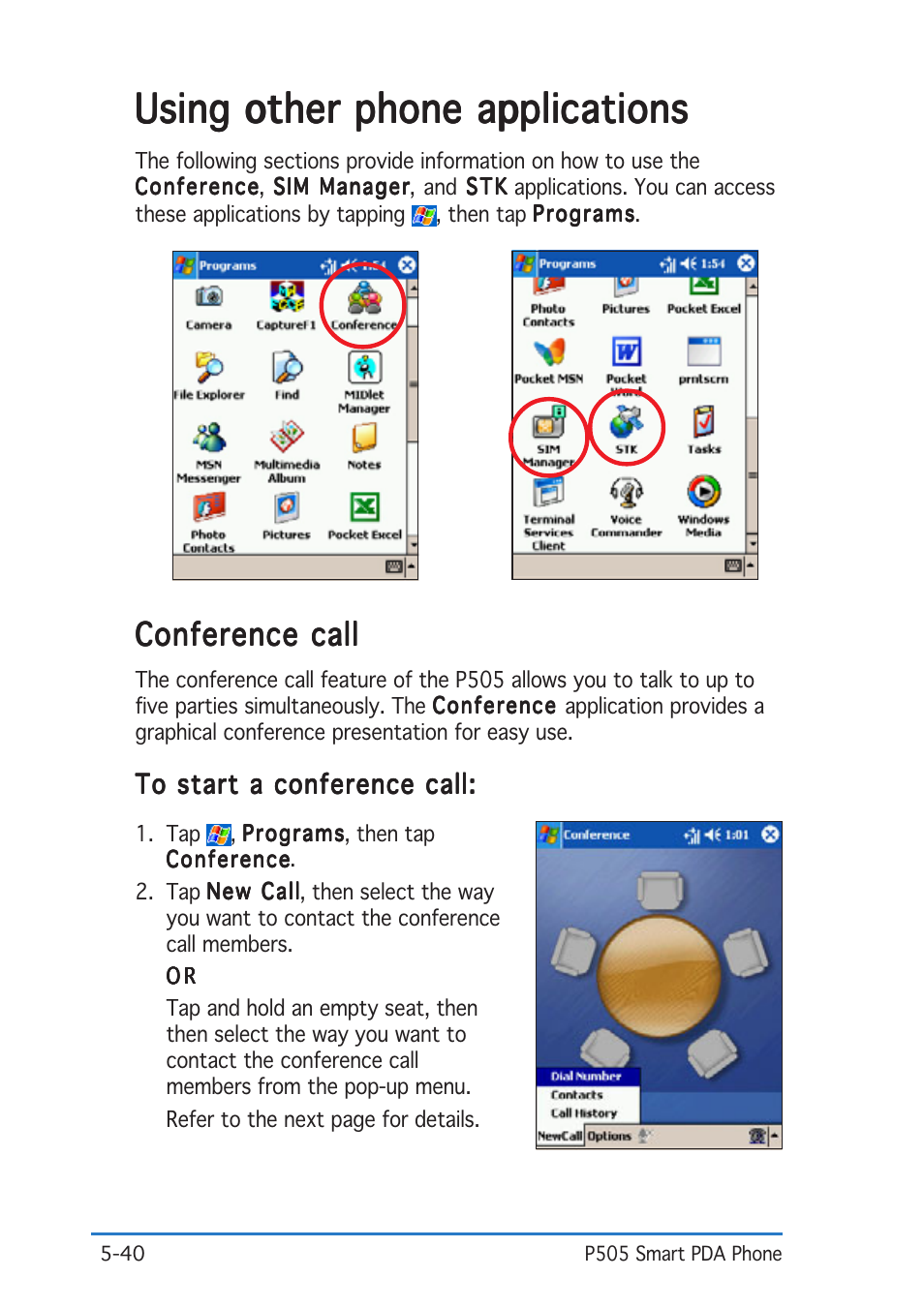 Using other phone applications, Conference call | Asus P505 User Manual | Page 140 / 326