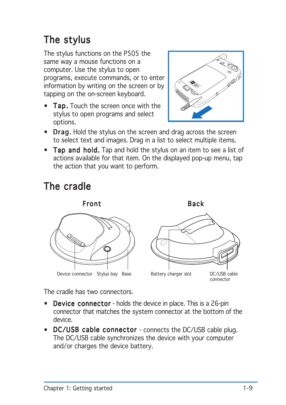 The stylus, The cradle | Asus P505 User Manual | Page 15 / 326