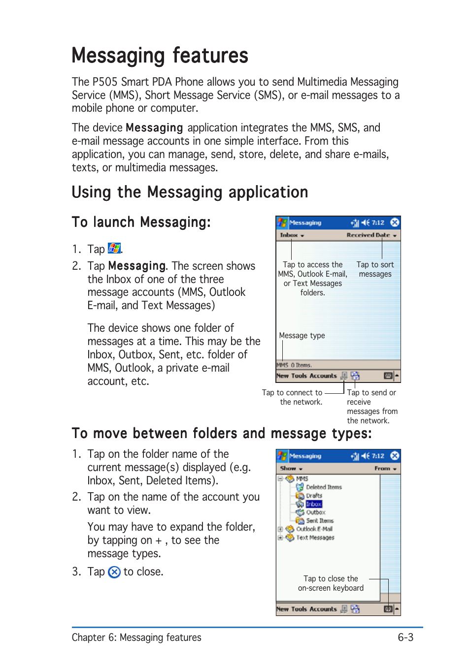 Messaging features, Using the messaging application | Asus P505 User Manual | Page 155 / 326