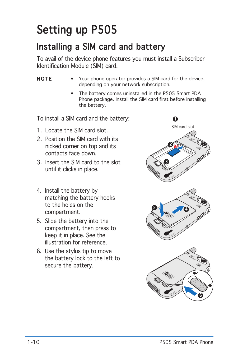 Setting up p505, Installing a sim card and battery | Asus P505 User Manual | Page 16 / 326