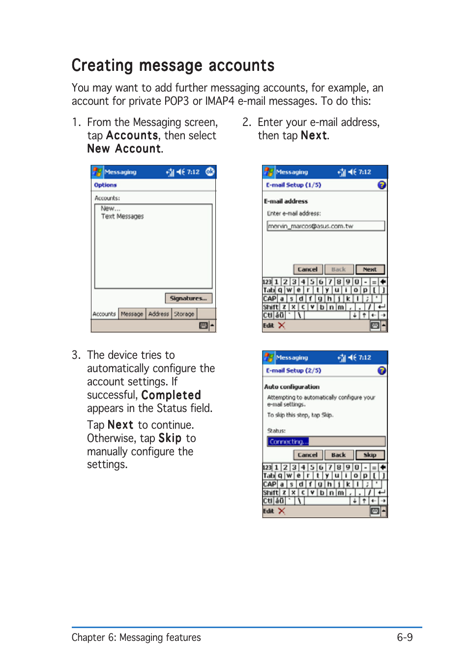 Creating message accounts | Asus P505 User Manual | Page 161 / 326