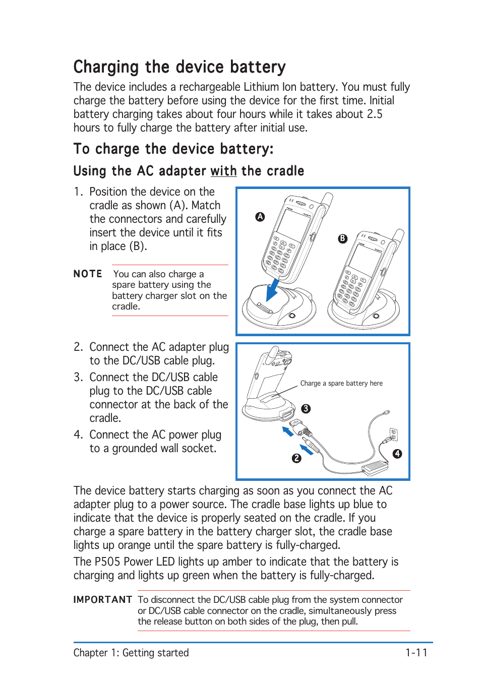 Charging the device battery, Using the ac adapter, Chapter 1: getting started 1-11 | Asus P505 User Manual | Page 17 / 326