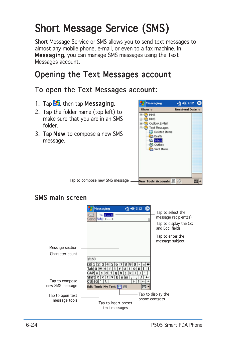 Short, Opening the text messages account | Asus P505 User Manual | Page 176 / 326