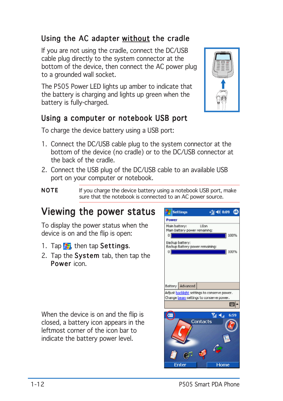 Viewing the power status | Asus P505 User Manual | Page 18 / 326