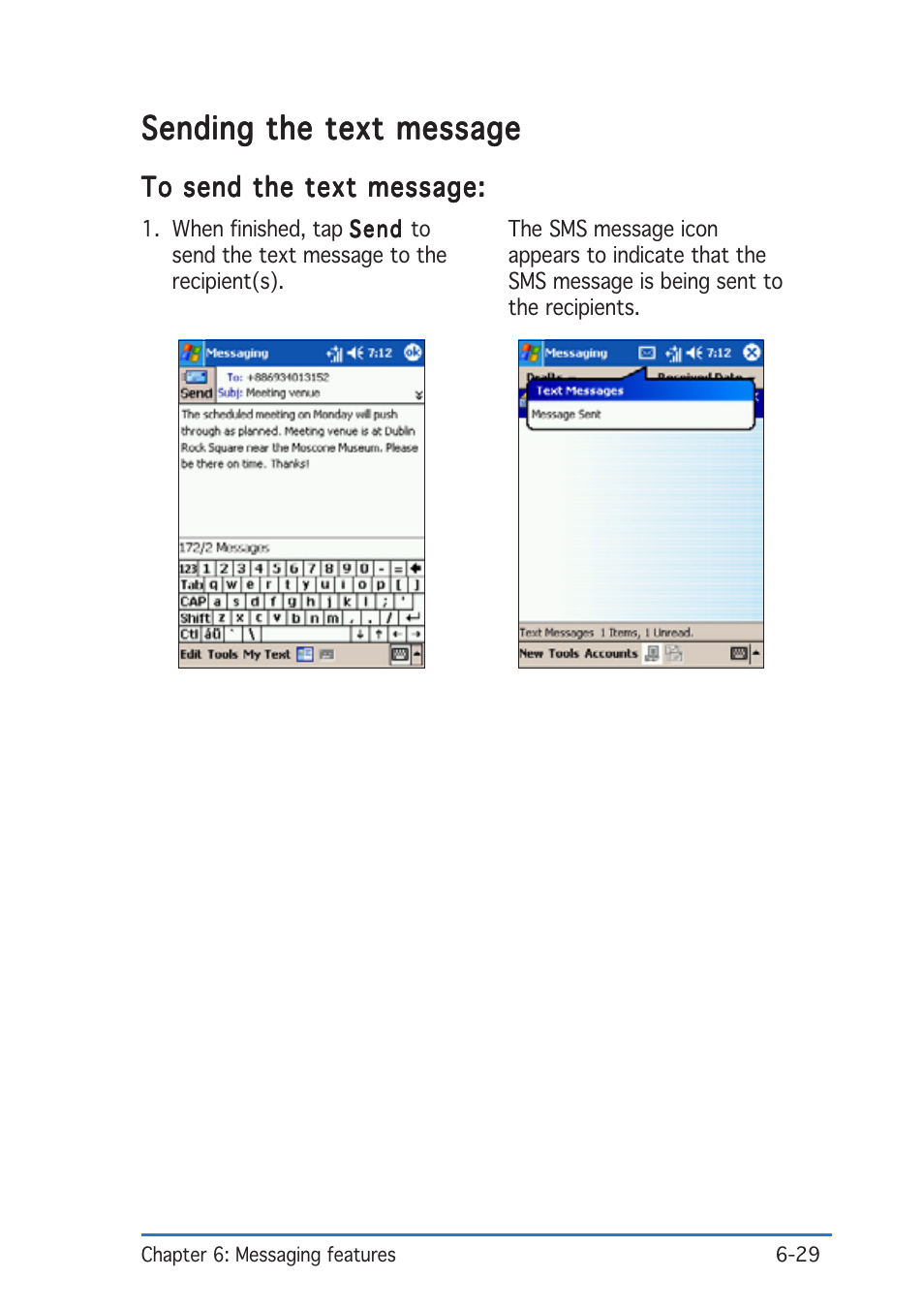 Sending the text message | Asus P505 User Manual | Page 181 / 326