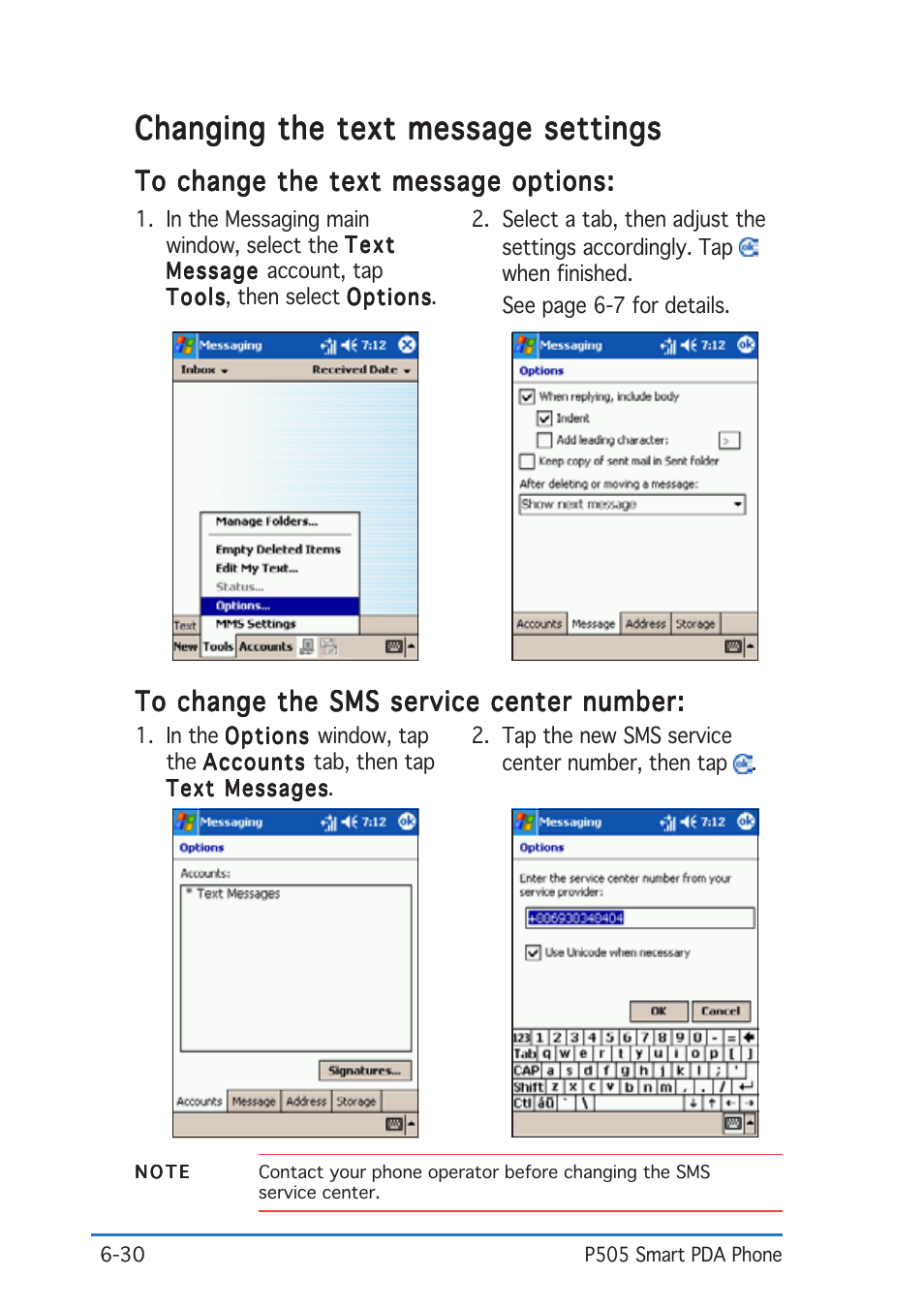 Changing the text message settings | Asus P505 User Manual | Page 182 / 326