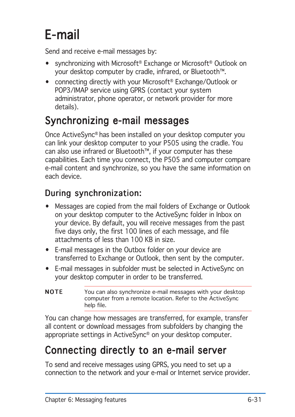 E-mail, Synchronizing e-mail messages, Connecting directly to an e-mail server | Asus P505 User Manual | Page 183 / 326